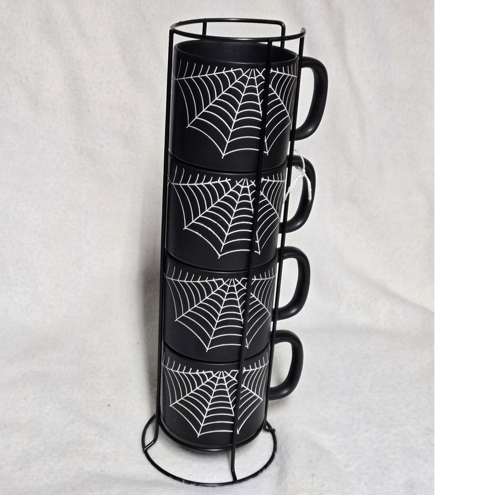 Cobwebs & Cauldrons Halloween Spiderweb Mugs Set of 4 w/ Stacking Rack